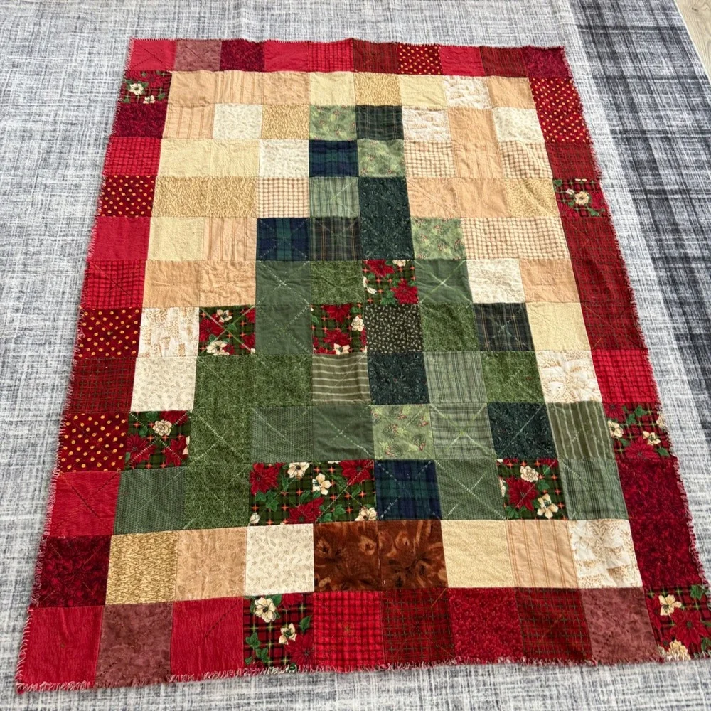 Handmade Christmas Tree Rag Quilt Rustic Holiday Patchwork Throw 50x66
